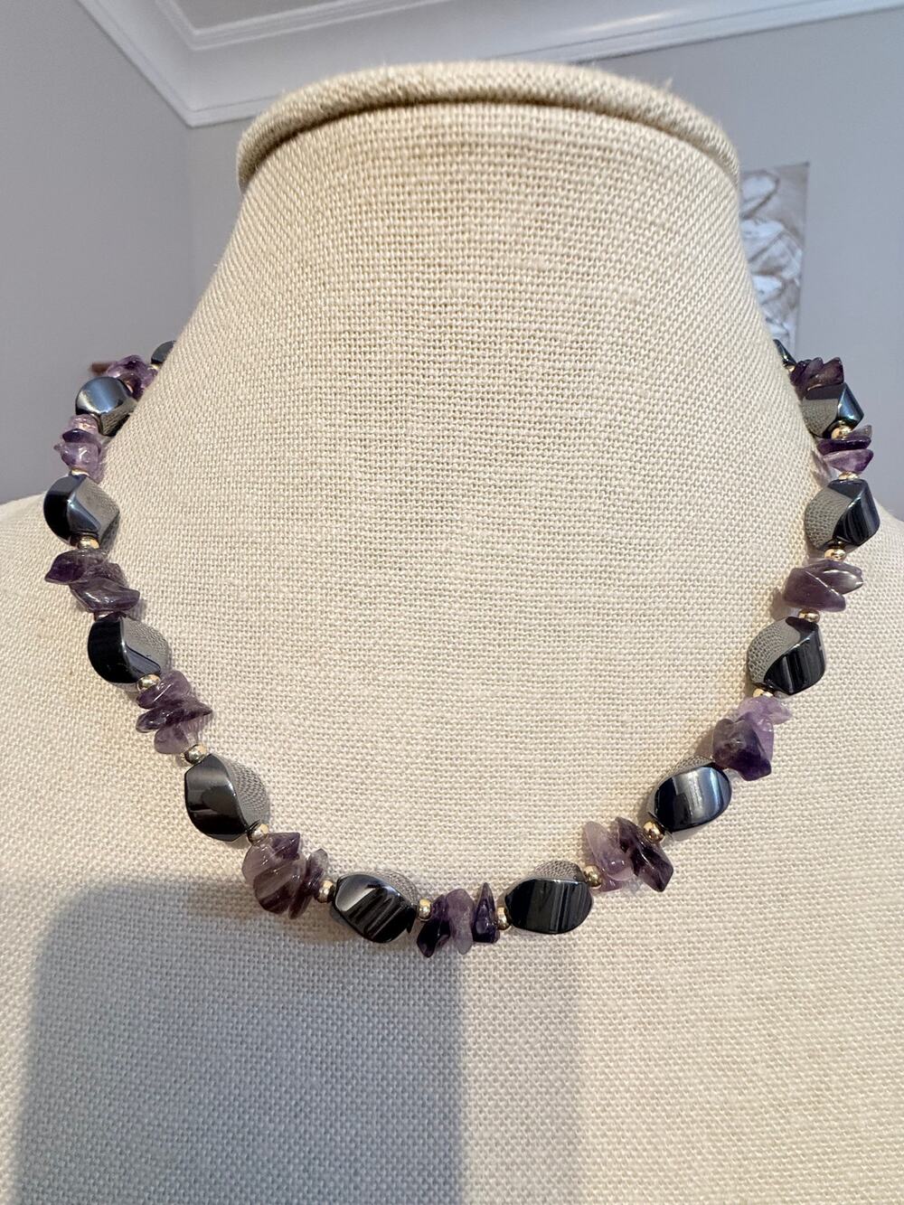 Vintage Genuine Amethyst & Hematite Beaded Necklace 18”